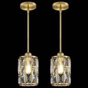 2 Pack 1 Light Hanging Kitchen Island Modern Concise 5.3" Crystal Pendant Light Fixture,Crystal Metal Chandelier Shade Gold Finish for Bar,Dining Room,Living Room Over Sink