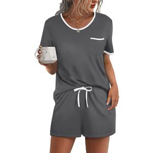 Ekouaer Pajama Set for Women 2 Piece Lounge Set Short Sleeve Tops and Shorts Soft Sleepwear, Chest Pocket (Large, Dark Gray)