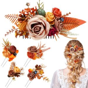 Norme 5 Pcs Wedding Flower Hair Comb Hairpins Set Orange Hair Floral Accessories Boho Artificial Dried Roses Eucalyptus Leaves Handmade Dress Decor for Women Girls Bridesmaids Bridal Shower