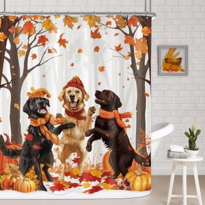 AMBZEK Fall Dog Shower Curtain 60Wx72L Inch Autumn Maple Trees Leaves Pumpkin Cartoon Lovely Puppy Funny Pets Lovers Artwork Cloth Fabric Waterproof Polyester Bathroom Decor Set with 12 Pack Hooks