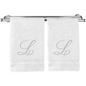 Monogrammed Washcloth Towel, Personalized Gift, 13x13 Inches - Set of 2 - Silver Script Embroidered Towel - Extra Absorbent 100% Turkish Cotton - Soft Terry Finish - Initial L White