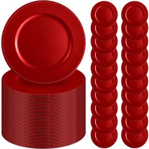 50 Pcs Red Charger Plates 13" Round Charger Plates Bulk Beaded Chargers for Dinner Plate Decorative Red Plastic Chargers Plate for Wedding Party Event Baby Bridal Shower Table Decoration