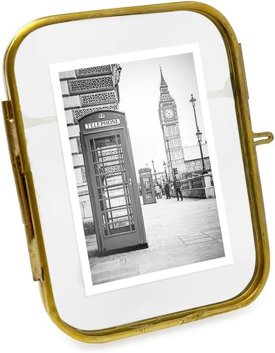 Isaac Jacobs 2x3 Vintage Style, Round-Edged Brass & Glass Metal Floating Picture Frame with Locket Closure (Vertical), Made for Tabletop Display (2x3 Vertical, Antique Gold)