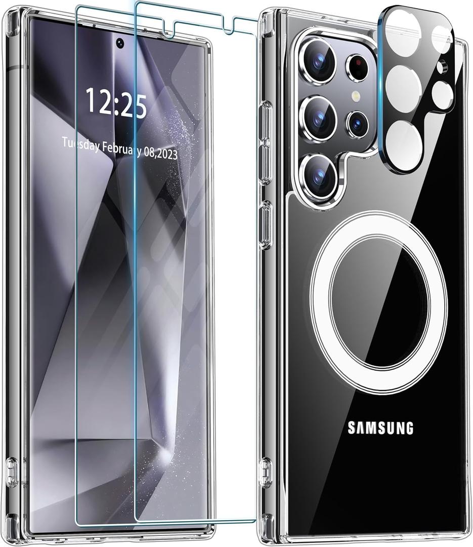 ANTSHARE for Samsung Galaxy S24 Ultra Case Clear, [Anti-Yellowing] S24 Ultra Case [with 2X Tempered Glass Screen Protector+1X Camera Lens Protector], Magnetic Phone Case for S24 Ultra (Clear)