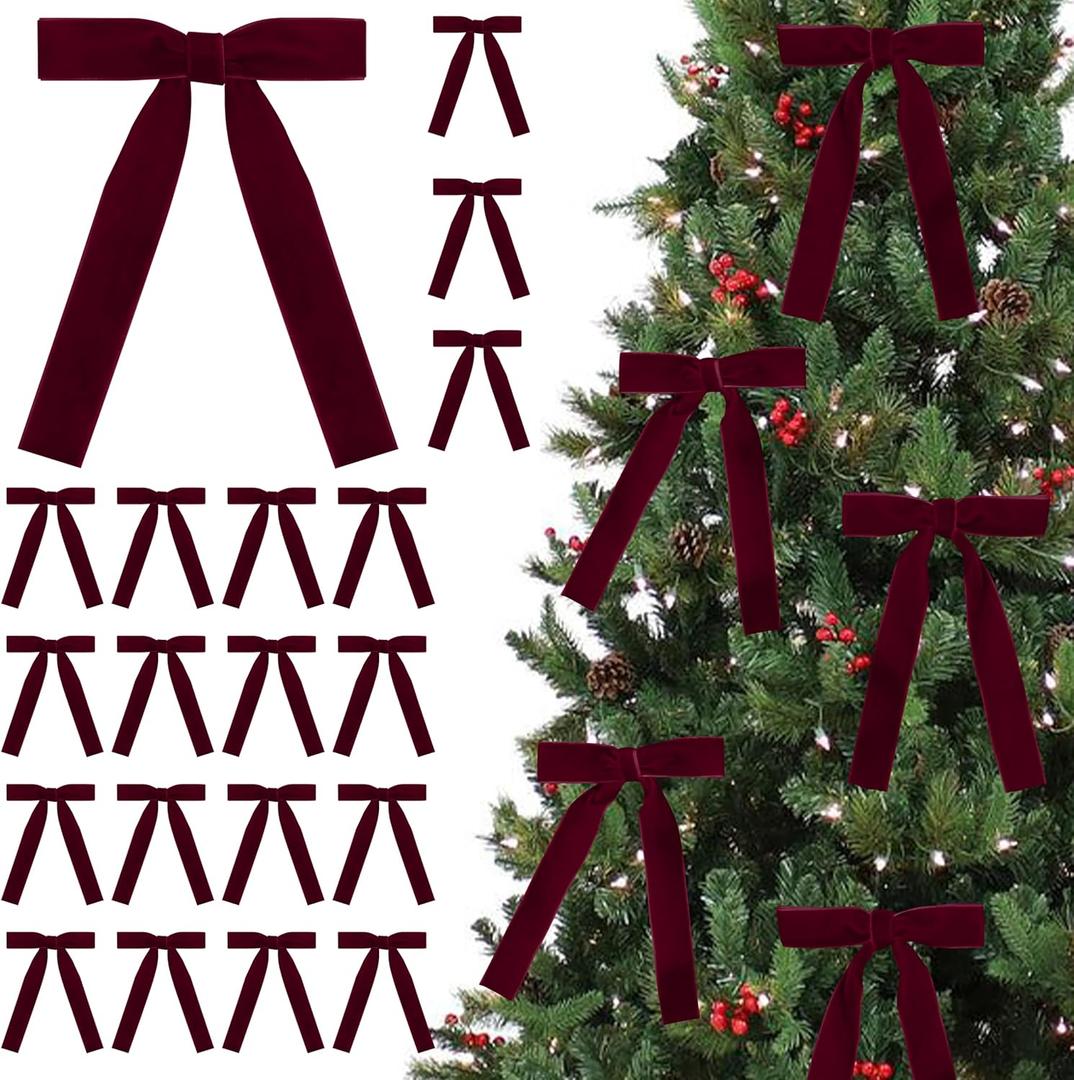SIMISI RIBBON 24 Pcs Burgundy Velvet Bows Christmas Tree Ornaments Vintage Ribbon Bow for Tree Garland Wreath Rustic Crafts Gift Indoor Outdoor Xmas Decorations