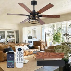 52 Inch Farmhouse Ceiling Fan with Light and Remote, Brown Industrial Caged Rustic Ceiling Fan with 6 Speed Reversible Motor and Dual Finish 6 Blades, Rustic Ceiling Fan for Living