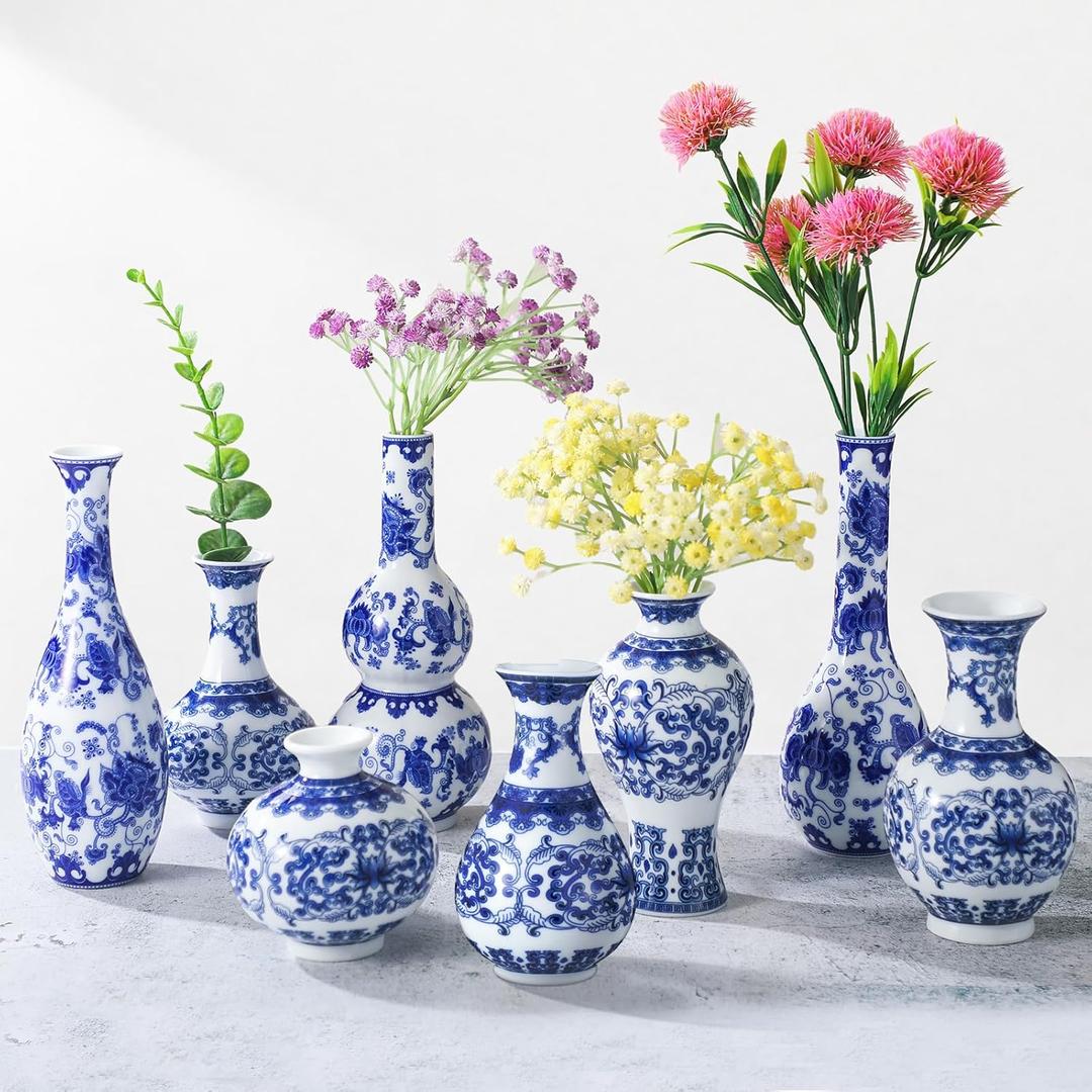 Hushee Set of 8 Small Blue and White Chinoiserie Vase Vintage Blue Ceramic Flower Vase Chinoiserie Decor for Home Table Decor Centerpieces Living Room Bookshelf(Elegant)
