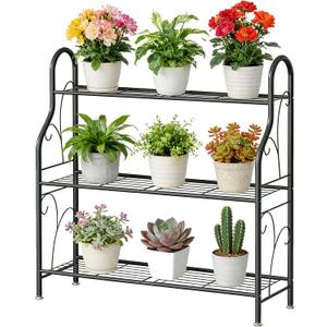 SORCEDAS Plant Stand Indoor Outdoor Plant Shelf 3 Tier Metal Corner Flower Stand Multiple Holder for Patio Garden Balcony Living Room, Dark Grey