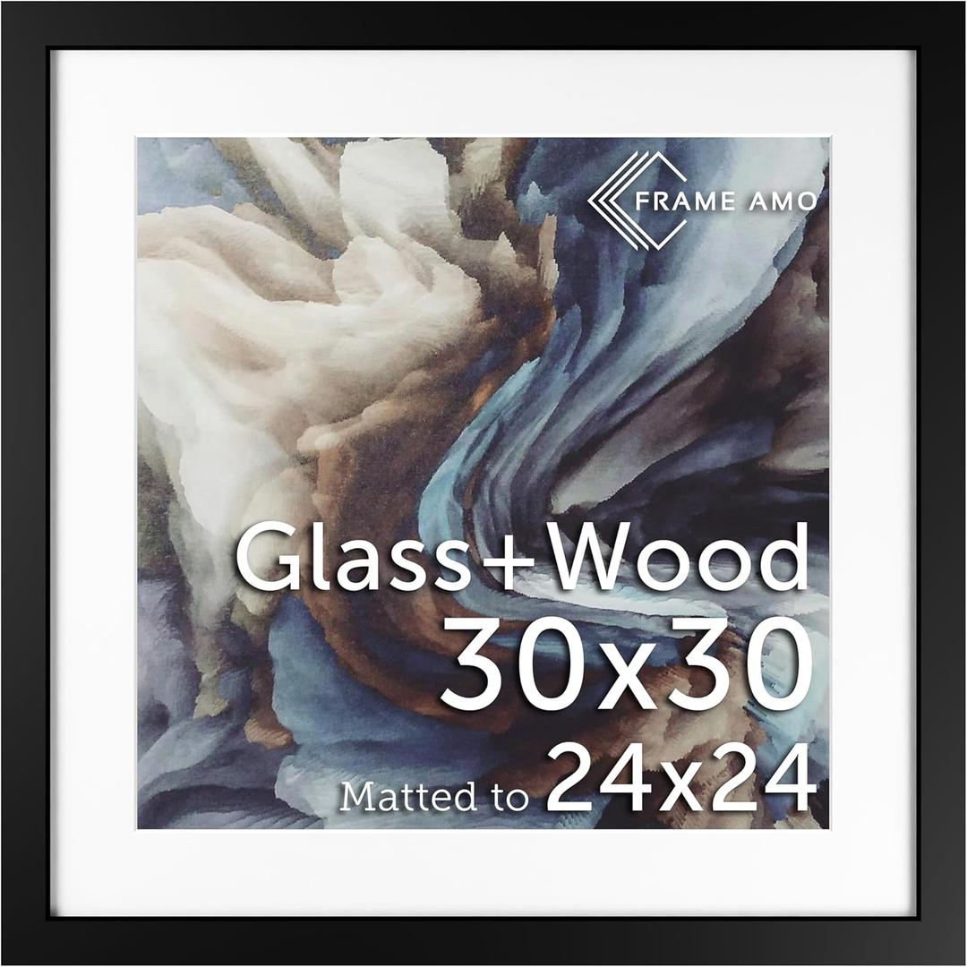 Frame Amo 30x30 Black Solid Wood Poster Frame, White Mat for 24x24 Image, Tempered Glass Front, 1.5 inch Wide, 1 inch Thick, High-End, Heavy-Duty, Gallery Grade & Acid-Free