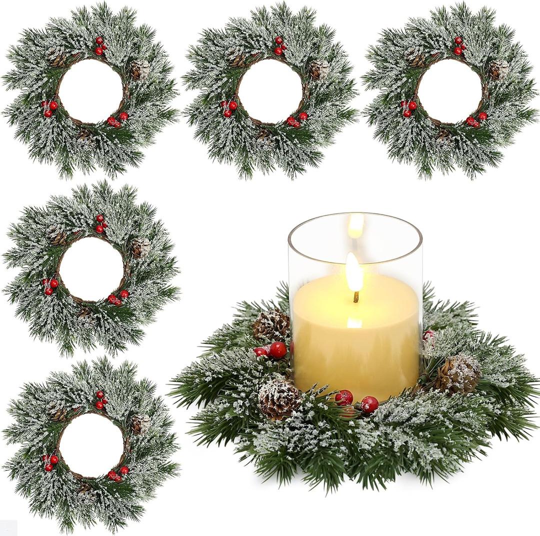 6 Pcs Candle Rings Wreaths Bulk, Artificial Candle Rings with Pinecones Red Berries Candle Holder Table Centerpiece Decor for Home Kitchen Cabinet Windows Front Door