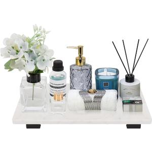 Bathroom Vanity Tray and White Marble Kitchen Soap Tray, Luxurious Small Accessory for Table/Countertop (Black-Rectangle, 10" x 6" x 1")