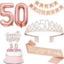 50th Birthday Decorations for Women, Including 50th Tiara and Sash, Happy Birthday Banner, Cake Toppers, Number Candles and Balloons Set, Rose Gold