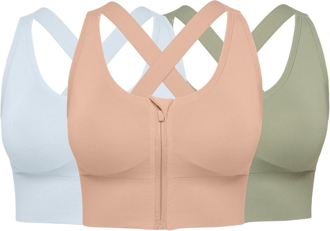Womens Sports Bras Pack - Padded Front Zipper Longline Push Up Cross Back Low Impact Yoga Workout Post Surgery Sport Bra Multipack, L 
