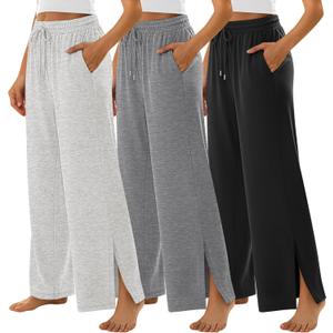 3 Pack Women's Wide Leg Sweatpants Split Hem Lounge Pants Casual Baggy High Waisted Drawstring Sweatpant with Pocket (X-Large, Black, Dark Heather Gray, Gray)