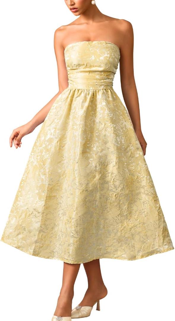 ShawGobow Strapless Corset Dress, Jacquard Formal Midi Dresses for Women, Wedding Guest Cocktail Party Outfits, Small