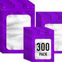 300 Pack 3 Size Mylar Packaging Bags with Front Window, Zipper Resealable Bag Smell Proof Foil Bags for Jewelry, Sample, Food Storage(Purple,3x4.7,4x6,4.7x7.9in)