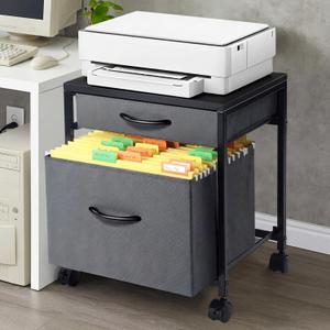 AceOrbit Printer Stand Rolling Mobile File Cabinet Cart with 2 Fabric Drawers A4 Letter Size Beside, Vertical Filing Cabinet on Lockable Wheel with Storage Under Desk for Home Office(Gray)