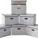 STOREONE Fabric Storage Cube Bins Foldable Organizer Container Collapsible Basket with Lids and Metal Handles, for Home, Bedroom, Closet 6 Pcs (Grey grid)