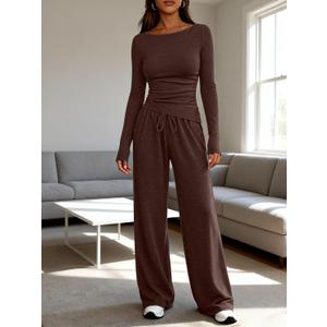 Women's 2 Piece Sweatshirt Sets Long Sleeve Scoop Neck Crop Top Wide Leg Tracksuits Casual Lounge Set S