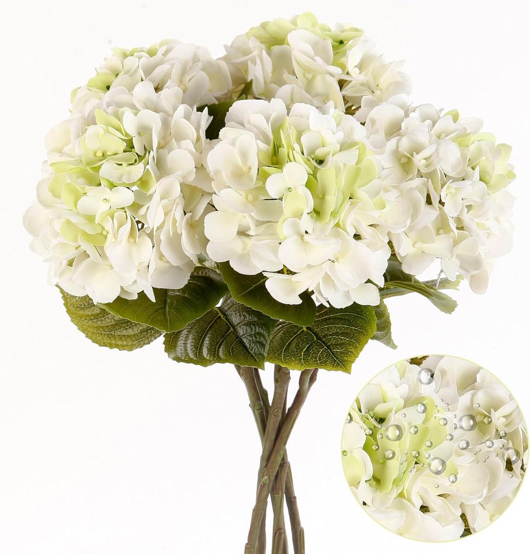5Pcs Realistic White with Green Hydrangea Artificial Flowers with Stems 24 Inch Lifelike Faux Hydrangeas Flower Large Hydrangea for Weddings Bouquets Table Centerpieces Home Decor Party