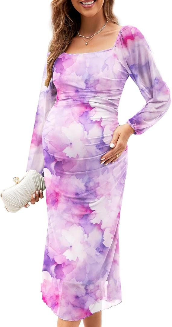 Mesh Ruched Maternity Dress Baby Shower Wedding Guest Pregnancy Shoot Fall Long Short Sleeves Square Neck (Large, Long Sleeves, Pink Purple Floral)