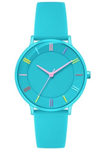 Bisley 38mm Blue Watch for Women Silicone Strap Rainbow Dial Easy Reader Wrist Watch for Ladies