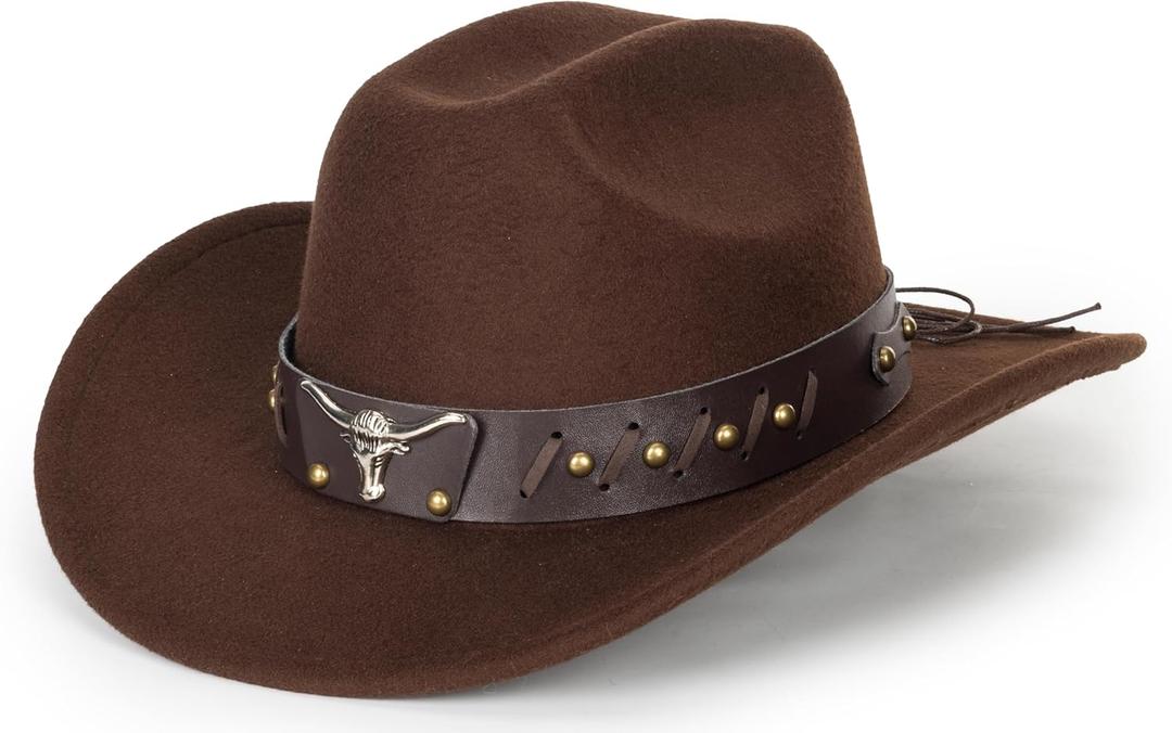 Women-Classic-Western-Cowboy-Shapeable-Hat - Men-Roll-Up-Wide-Brim-Felt-Fedora-Hats-Cowgirl-Hat with Belt Buckle(M-L) (Brown)