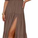 ZESICA Women's 2026 Boho Sexy Off Shoulder Short Sleeve Smocked Side Split Flowy A Line Tiered Long Maxi Dress with Pockets Coffee Medium