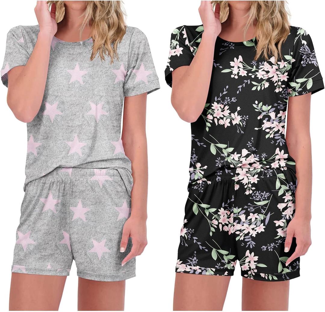 Ekouaer 2 Pack Pajamas Short Sleeve Top with Shorts Sets Comfy Pjs Lounge Sets Sleepwear for Women (Medium, Pink Star/Black Floral)