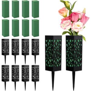 Hahood 8 Packs Cemetery Vases with Spikes and Foam Plastic Grave Vase Outdoor In Ground Cemetery Grave Flower Holders Memorial Gravestone Headstone Flower Vase for Cemetery Grave Decoration