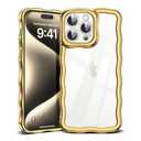 SKYLMW Compatible with iPhone 15 Pro Max Case, Kawaii Cute Curly Wave Frame Luxury Plating Edge, Stylish Glossy Clear Back, Soft TPU Shockproof Protective Cases for iPhone 15 Pro Max, Gold