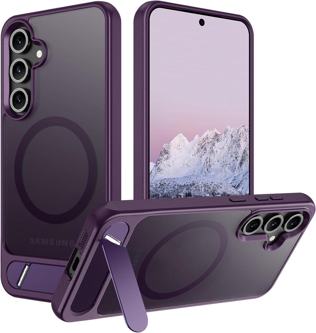 for Samsung Galaxy S24 Case, [Magnetic Invisible Stand] [Compatible with MagSafe] [Military Grade Drop Protection] Slim Glossy Marble Pattern Back Shockproof Protective Cover, Amethyst
