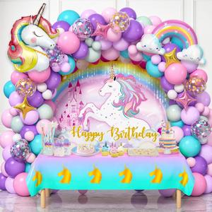 Winrayk 144Pcs Purple Unicorn Party Decorations Birthday Supplies for Girls, Purple Pink Blue Balloon Arch Kit with Backdrop Tablecloth Foil Balloons, Kids Rainbow Unicorn Themed Birthday Decorations