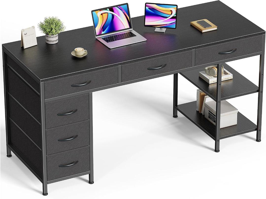 Huuger Computer Desk with 6 Drawers, Office Desk with Shelves, Reversible Gaming Desk, Corner Desk with Storage, Work for Home Office, Study, Living Room, 54inch, Black