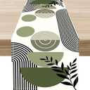 Green Mid Century Table Runner, Boho Abstract Leaves Arch Geometric Modern Table Decor ations for Kitchen Living Room Home Party Decor 13x36 inch