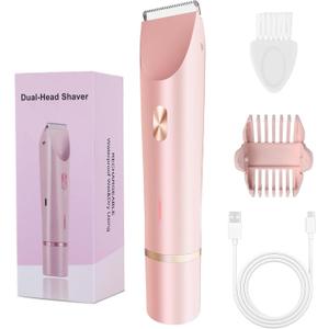 2-in-1 Bikini Trimmer for Women, Bikini Shaver with Dual Heads, Painless Body and Facial Hair Removal, Rechargeable Cordless Electric Razors for Face Chin Pubic Underarm Legs, IPX7 Waterproof, Pink