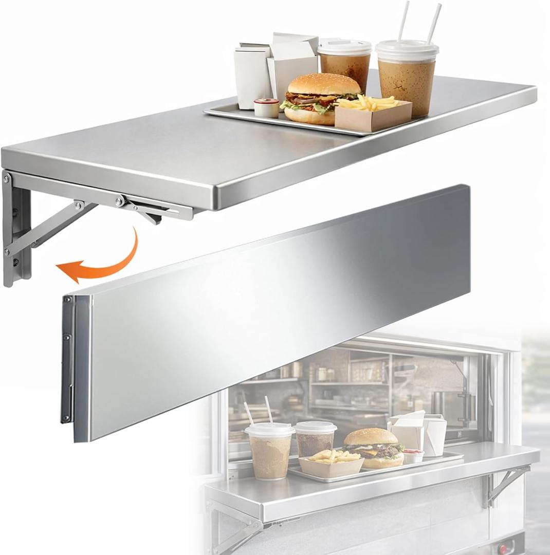 Folding Concession Shelf 48 x 12 Inch, Stainless Steel Drop Down Serving Shelf, Wall Mounted Folding Shelf for Food Truck Window & Concession Stand