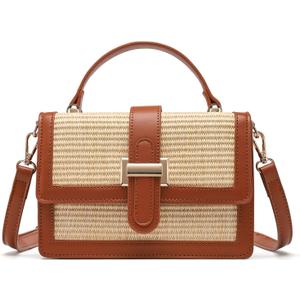 Straw Crossbody Bag, Vegan Leather Patchwork Summer Purse with Top Handle, Small Woven Bag for Beach & Wedding