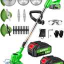 Electric Weed Wacker Cordless, 21V Weed Cordless Eater Battery Powered, with 2Pcs 4.0Ah Batteries, Stringless Brush Cutter, Lightweight Foldable Grass Trimmer, 3 Types Blades, Green (One Disc Missing)