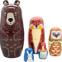 Conzy Russian Nesting Dolls for Kids, Stacking Wooden Handmade Matryoshka Dolls, 5 Piece Cute Cartoon Animal Pattern, Great Toy Gift for Girls Boys' Birthday or Home Decoration (Brown)