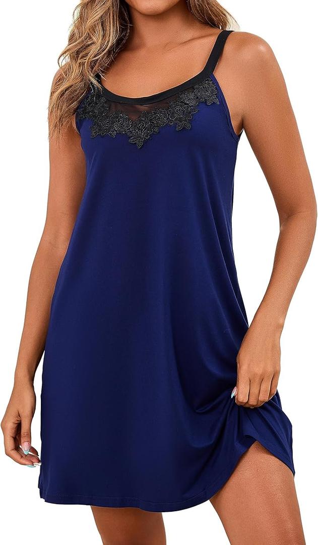 Women's Cami Nightgown, Floral Print & Solid Color Sleep Dress, Lace - Trimmed Spaghetti Strap Nightwear Navy Blue Medium