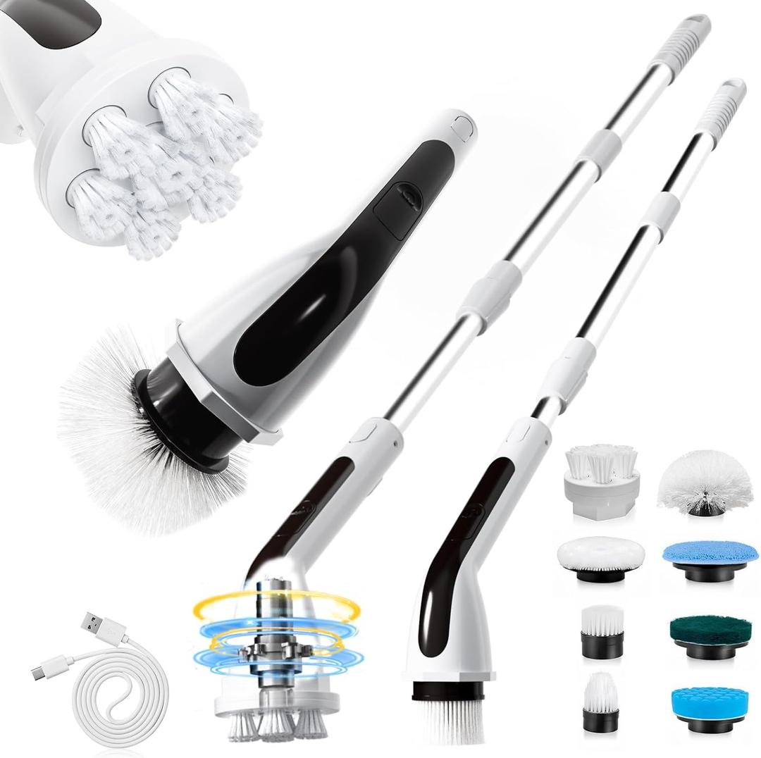 Electric Spin Scrubber Bathroom, Cordless Patent Cleaning Brush Head, Rechargeable Bathroom Cleaner, Adjustable/Detachable Long Handle, 8 Replaceable Brush Heads, 2 Speeds, Full-Body IPX7, LCD Display