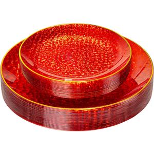 SUT 36Pcs Red Plastic Plates, Hammered Plates Disposable Heavy Duty, Red Disposable Plates With Gold Rim, Fancy Plastic plates Include 18 Dinner plate and 18 Dessert plate for Wedding