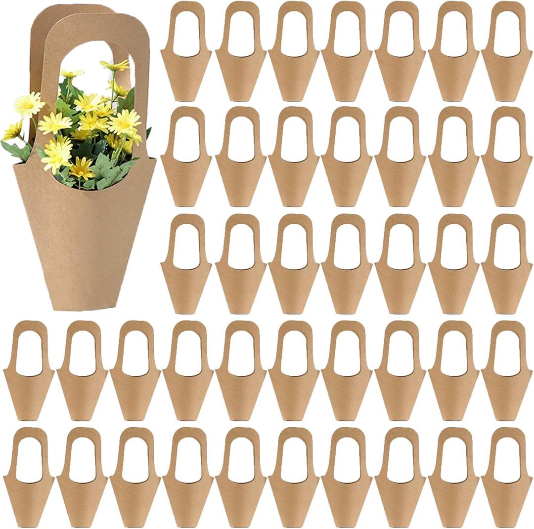 Tergy 50Packs Kraft Paper Flowers Gift Bags Brown Hanging Bouquet Wrapping Bags for Home Decoration (14Inches)