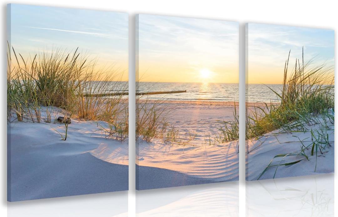 IAFWZX Framed Blue Beach Sunset Wall Art, Bright Ocean Seascape Wall Decor, Sun Sand Dunes Sea Grass Canvas Paintings, Nature Coastal Landscape Poster Prints for Bedroom Living Room 16"x24"x3