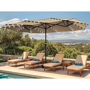 DWVO 15ft Patio Umbrella w/Solar Lights Double-Sided Outdoor Extra LargeMarket Table Umbrella 48 LED Light for Pool, Patio Furniture, Patio Shade, Khaki Not Base Included