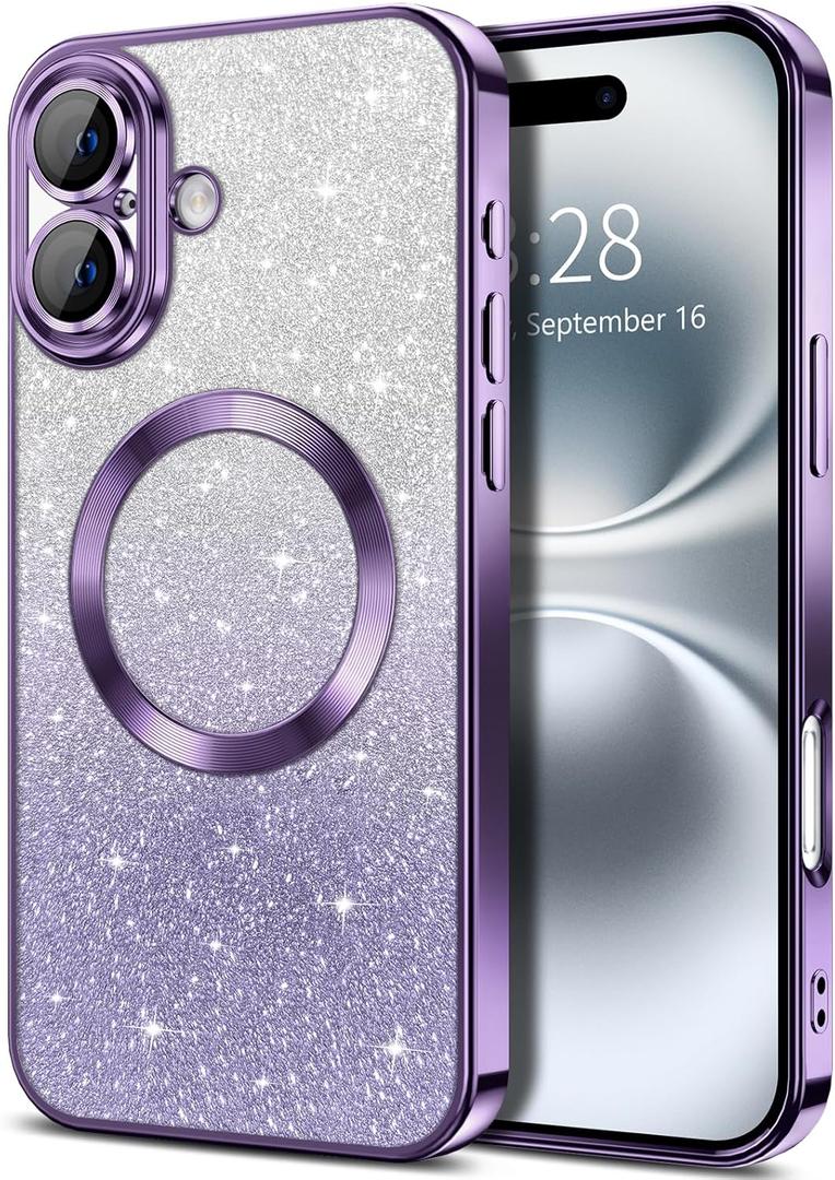 Hython for iPhone 16 Case Clear Magnetic Glitter Phone Cases [Compatible with MagSafe] Full Camera Lens Protector Slim Gradient Sparkle Luxury Plating Shockproof Protective Cover Women Girls, Purple