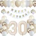 30th Birthday Decorations for Women Her White Sand Beige Gold Balloons Garland Arch Kit Cream Number Foil Balloon Happy Birthday Banner Boho Nude Metallic Champagne Gold Party Decor for 30 Years Old