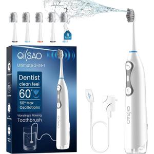 Electric Toothbrush with Water Flosser-Flosses, Vibrates and Oscillates(The 1st Tech), 3-in-1 Upgraded Pro Flossing Toothbrush with 5 Brush Heads, Plaque Removal for Sensitivity, Braces (White)