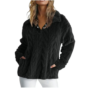 BLENCOT Womens Casual Fall Warm Button Down Collar Sherpa Pullover Sweatshirts Jacket Pockets Fuzzy Fleece Plaid Cable Textured Fluffy Sweatshirt Tops Black L